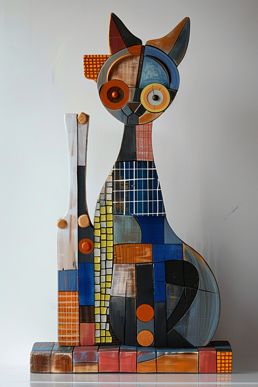 Abstrakte, geometrische Skulptur einer Katze aus farbigen Flächen und Formen – ein Spiel aus Struktur, Rhythmus und Persönlichkeit.
