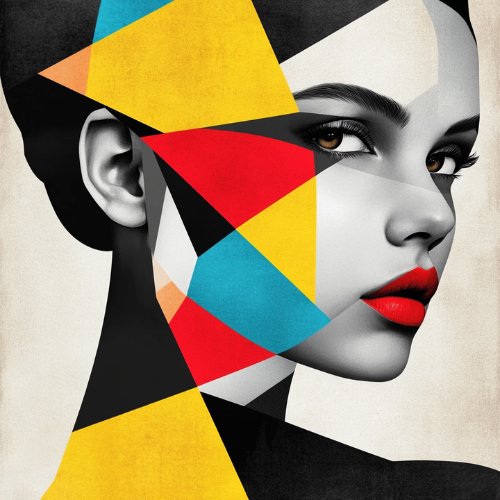 Abstraktes Frauenporträt mit geometrischen Formen in Rot, Blau, Gelb und Schwarz.
