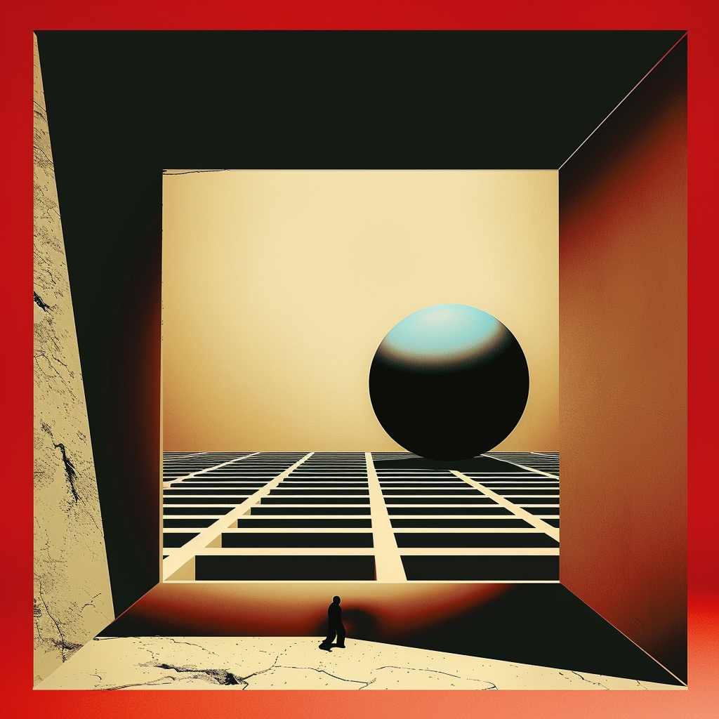 Surrealistische digitale Komposition mit schwarzer Kugel in geometrischem Raum – minimalistische Kunst in Rot, Gelb und Schwarz.
