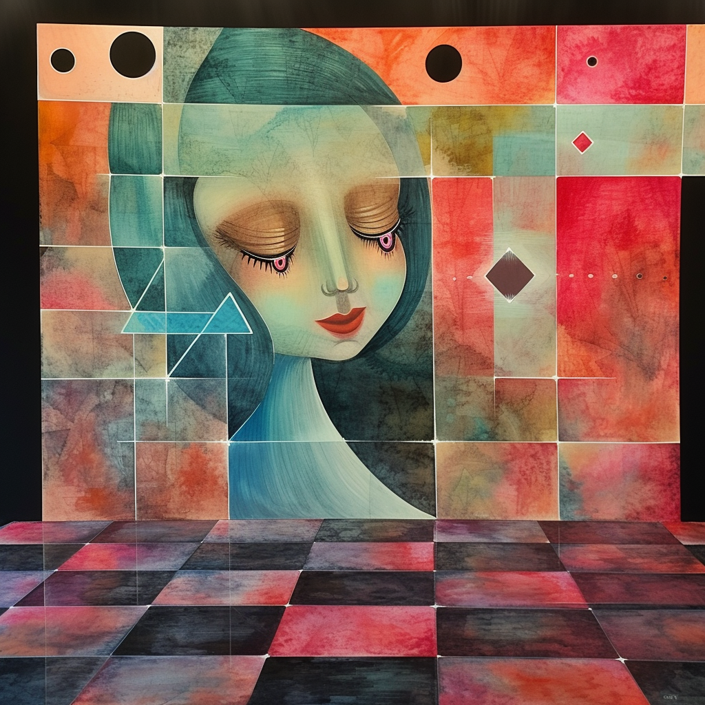 Abstraktes Porträt einer Frau in geometrischen Formen und sanften Farbverläufen aus Rot, Blau und Beige auf kariertem Boden.
