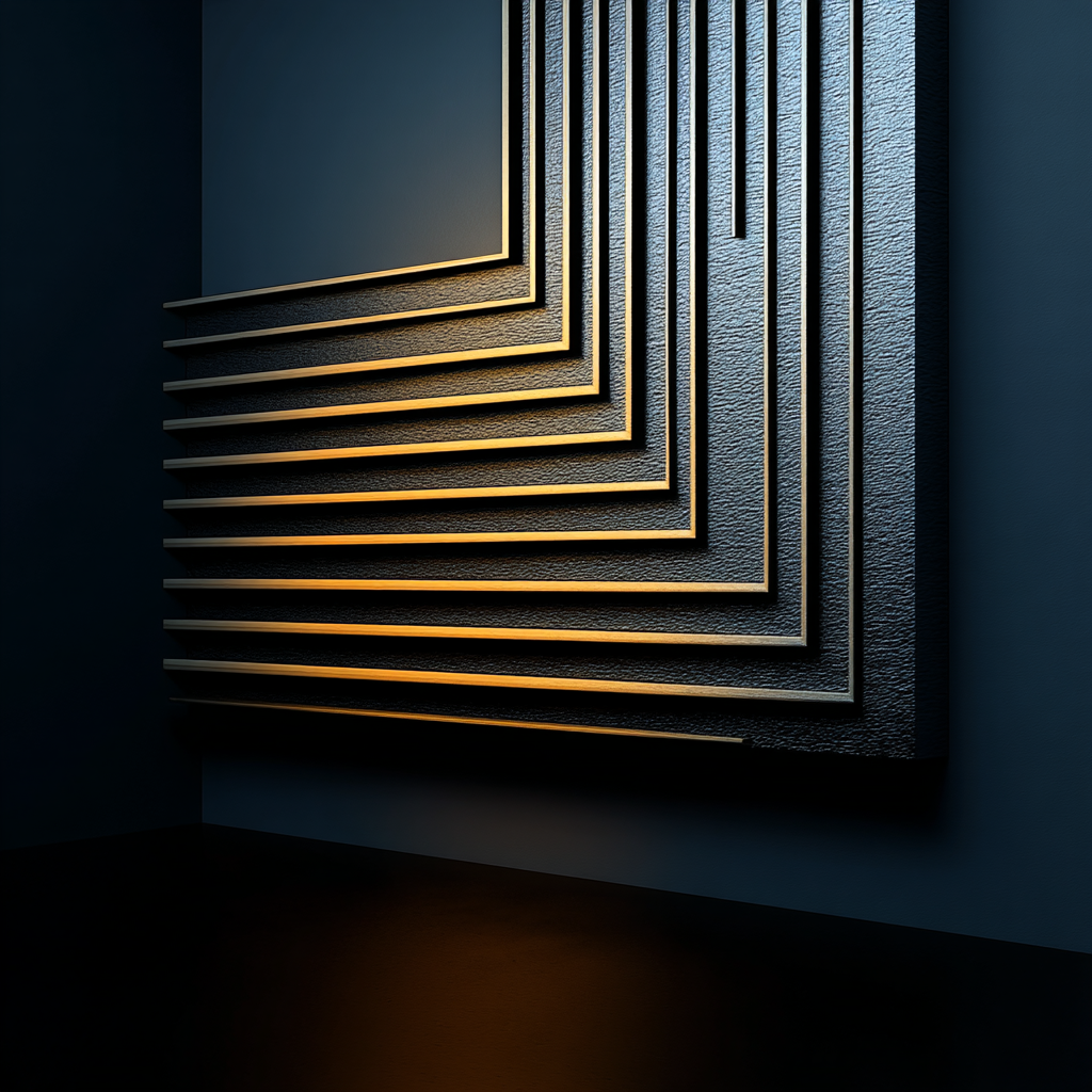 Geometrisches Lichtrelief mit gestuften Linien, dunkler Wandfläche und warmem, subtil leuchtendem Glühen in minimalistischem Stil.
