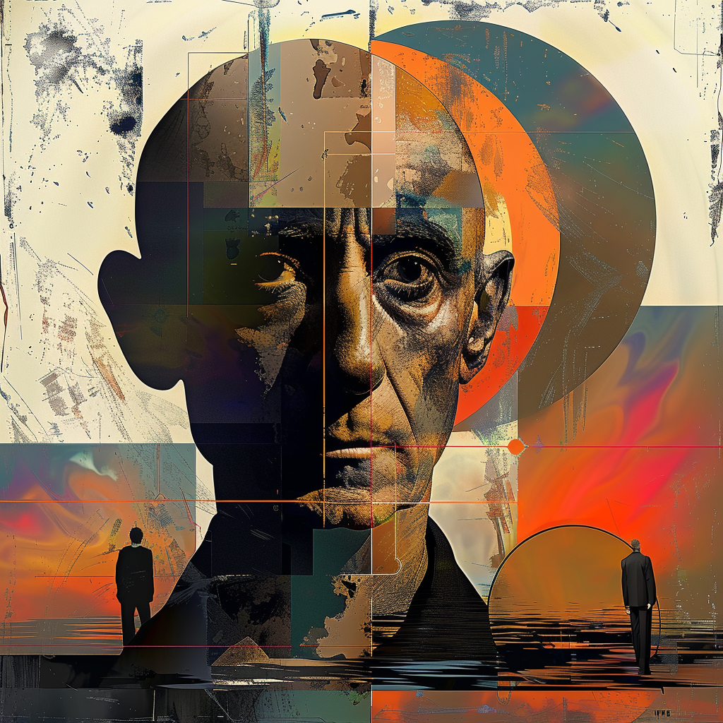 Abstraktes Männerporträt mit geometrischen Formen und warmen Farbtönen – modernes Kunstwerk mit Tiefe und Struktur.
