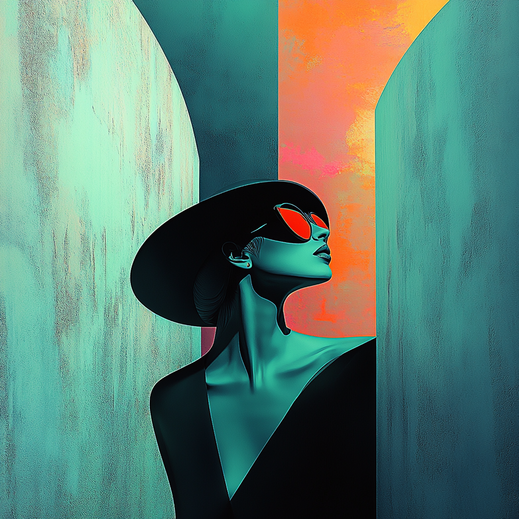 Stilisiertes Porträt einer Frau mit Hut und Sonnenbrille vor geometrischen Wänden im Lichtspiel.
