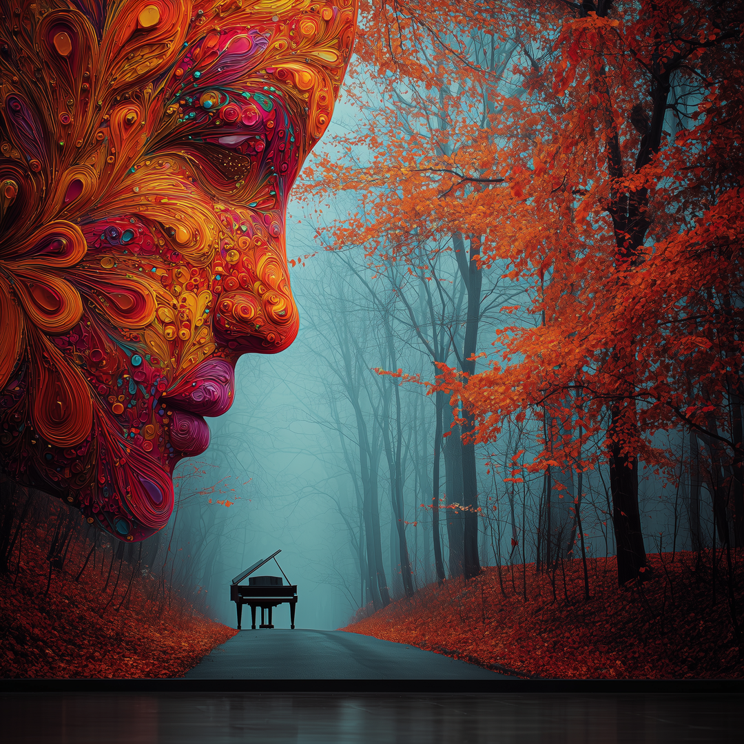 Farbintensives Gesicht über nebligem Herbstwald mit rotem Laub und einsamem Klavier auf dem Weg. Surreale, emotionale und atmosphärische Kunstszene.
