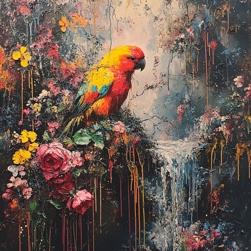 Bunter Papagei inmitten von Blumen und tropischer Vegetation, gemalt in lebhaften Farben mit Texturen aus Farbverläufen und Tropfen.

