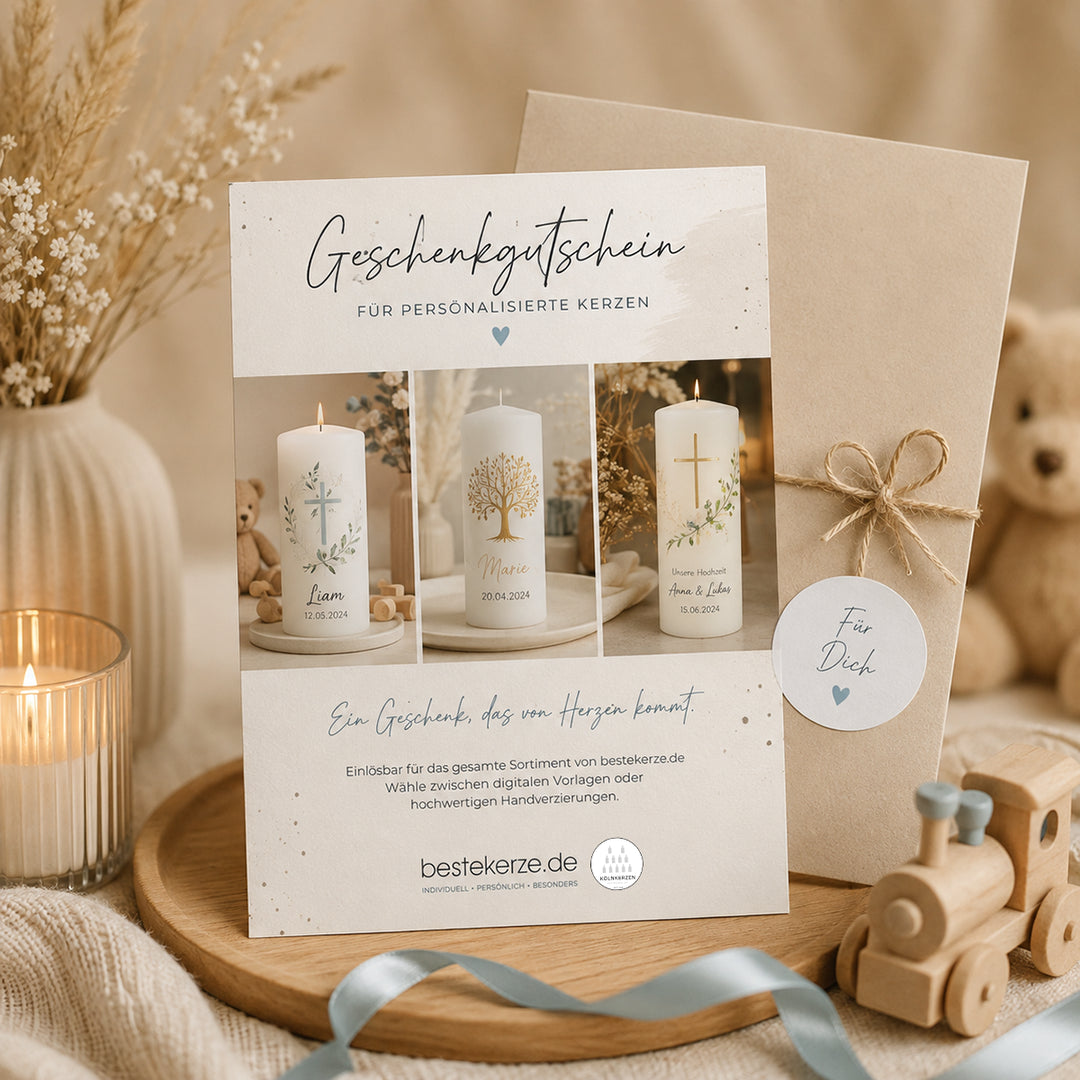 Geschenkgutschein von bestekerze.de für personalisierte Kerzen als digitale PDF oder hochwertige Geschenkkarte.