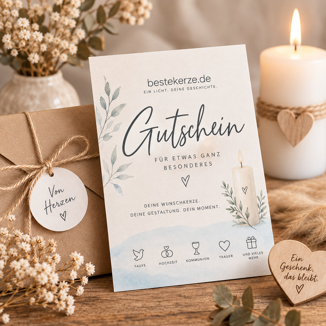 Geschenkgutschein von bestekerze.de für personalisierte Kerzen als digitale PDF oder hochwertige Geschenkkarte.