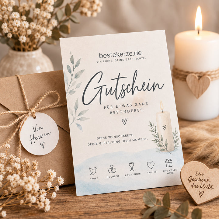 Geschenkgutschein von bestekerze.de für personalisierte Kerzen als digitale PDF oder hochwertige Geschenkkarte.