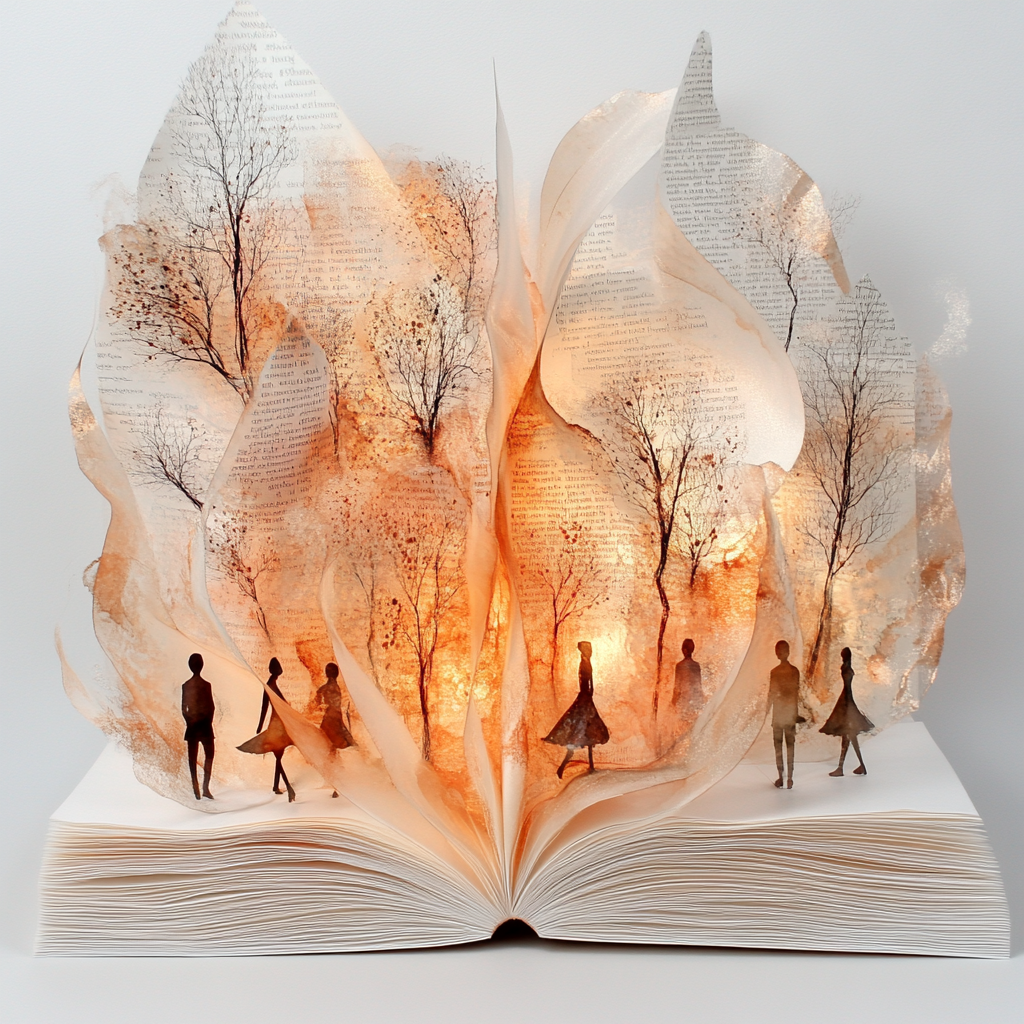 Offenes Buch mit kunstvoll gestalteten Seiten, aus denen Bäume und Silhouetten von Menschen emporsteigen – warme Lichtstimmung symbolisiert Fantasie und Erinnerung.
