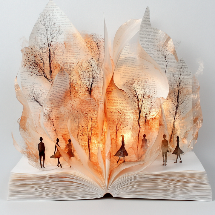 Offenes Buch mit kunstvoll gestalteten Seiten, aus denen Bäume und Silhouetten von Menschen emporsteigen – warme Lichtstimmung symbolisiert Fantasie und Erinnerung.
