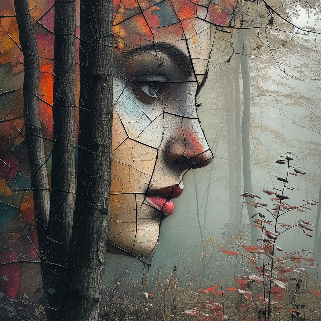 Surreales Porträt eines weiblichen Gesichts, das aus Baumrinden und herbstlichen Farben entsteht, mit Hintergrund eines nebligen Waldes und zarten Pflanzen im Vordergrund.
