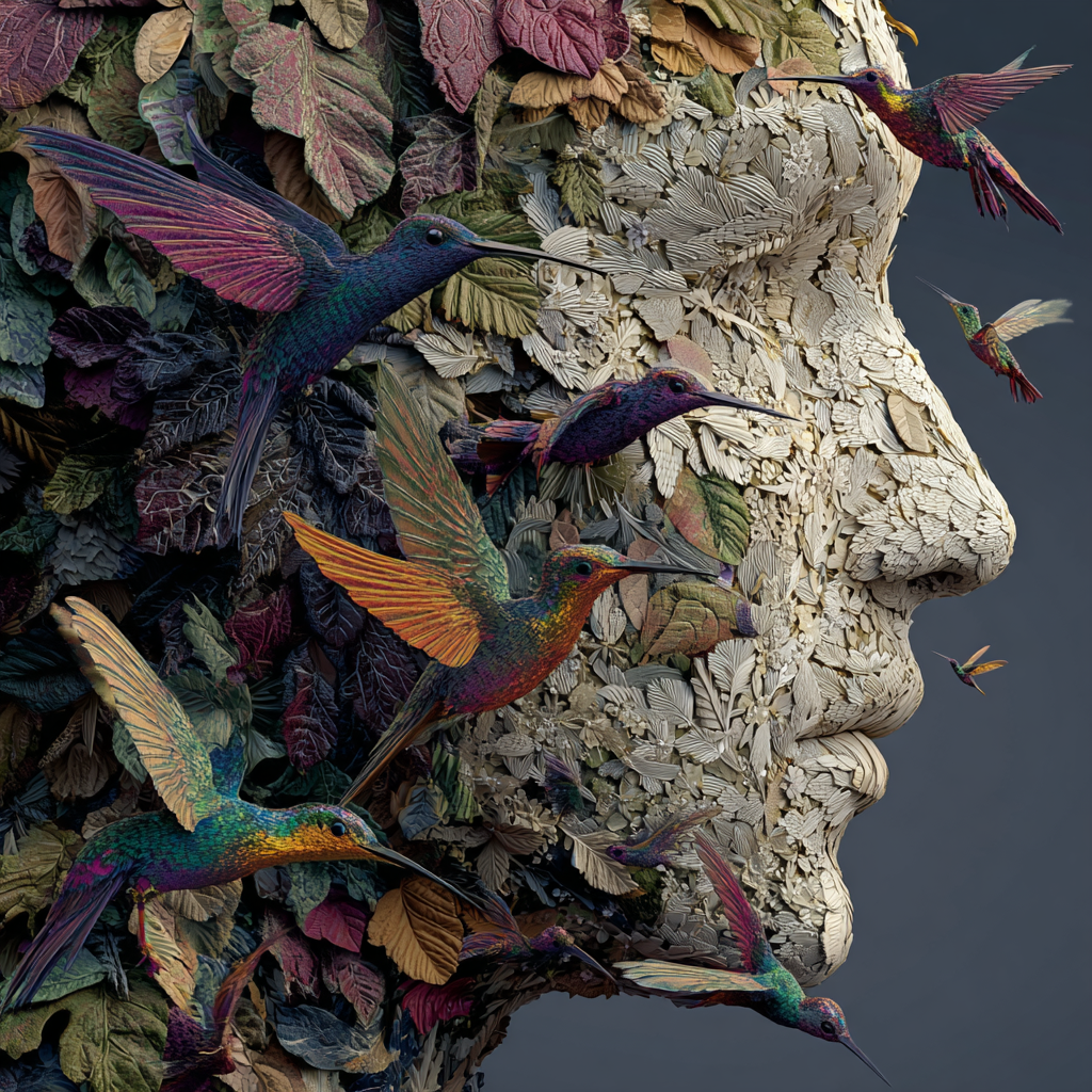 Ein kunstvolles Relief eines menschlichen Gesichts, geformt aus Blättern und umgeben von farbenprächtigen Kolibris, die lebendig um das Gesicht fliegen.
