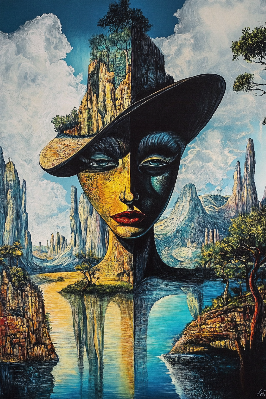Surreale Landschaft, die das Gesicht einer Frau mit Hut formt
