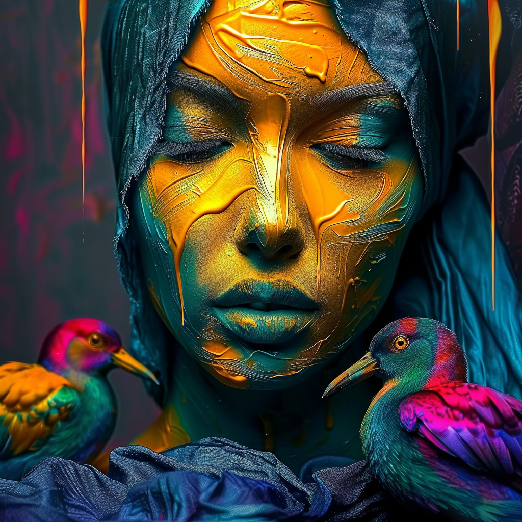 Eine Frau mit geschlossenen Augen trägt goldene und türkisfarbene Farbe auf ihrem Gesicht. Zwei bunte Vögel sitzen an ihren Schultern, während warme und kühle Farbtöne ineinanderfließen.
