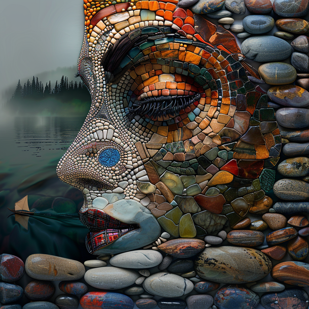 Ein surrealistisches Porträt eines Gesichts, das aus bunten, mosaikartigen Steinen besteht, mit geschlossenen Augen vor einer nebligen See- und Waldlandschaft.
