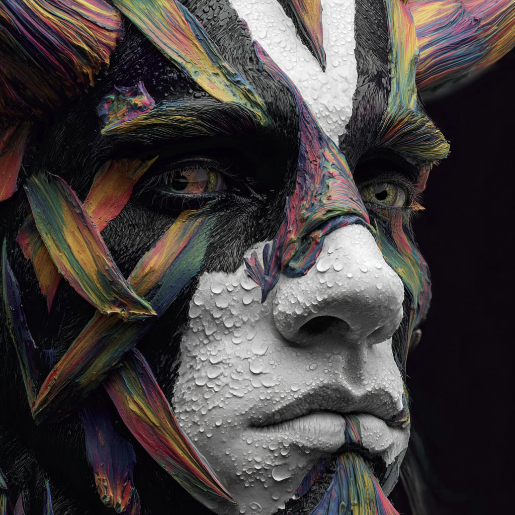 Nahaufnahme eines Gesichts, teils bemalt mit farbiger, pastöser Farbe und Wassertropfen – symbolische Darstellung von Natur, Emotion und Transformation.
