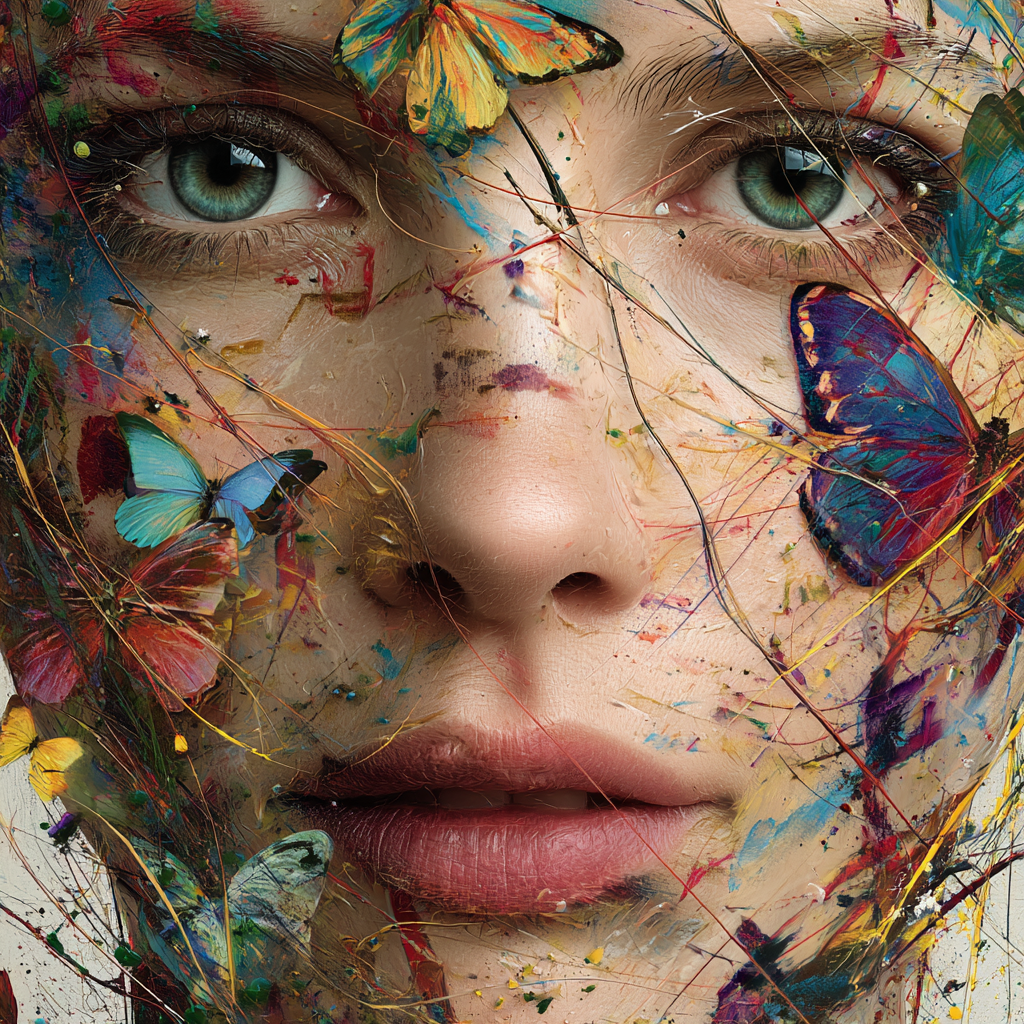 Nahaufnahme eines weiblichen Gesichts, bedeckt mit bunten Schmetterlingen, Farbflecken und feinen Linien, die eine Verschmelzung von Natur und Kunst schaffen.
