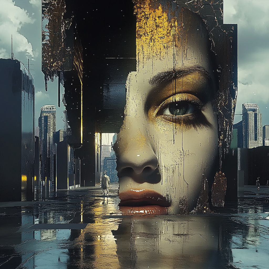 Surreale Stadtlandschaft mit riesigem, halbverwittertem Frauenporträt, das in eine futuristische Architektur integriert ist – Symbol für Mensch und Metropole.
