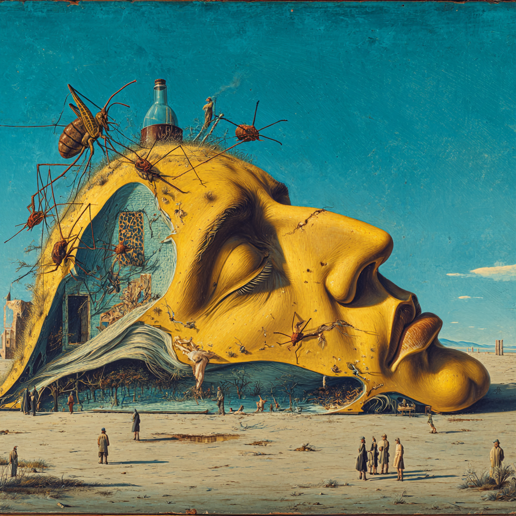 Ein surrealistisches Gemälde zeigt ein riesiges, halb verfallenes Gesicht in der Wüste, dessen Inneres von Insekten, Menschenfiguren und architektonischen Strukturen bevölkert ist.
