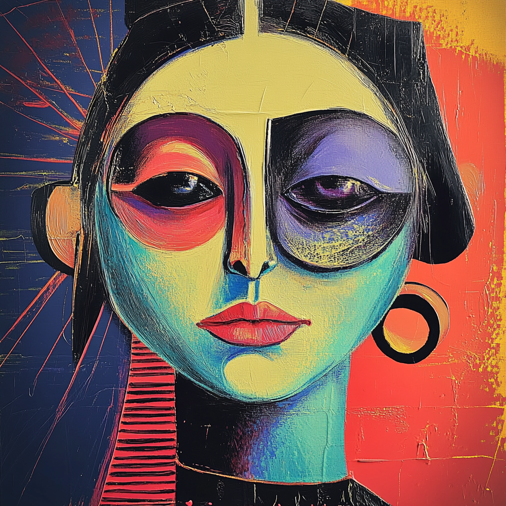 Abstraktes Porträt mit leuchtenden Farben und geometrischen Formen; ein weibliches Gesicht in Gelb, Blau und Rot mit großen Augen und ruhigem Ausdruck.
