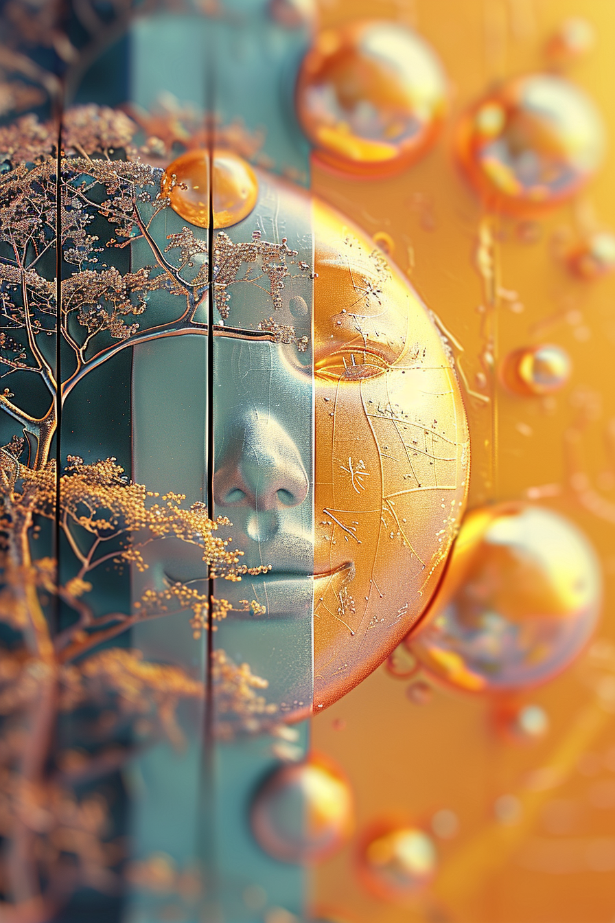 Ein halb in Gold und halb in Blau getauchtes Gesicht erscheint hinter transparenten Kugeln und filigranen Zweigen. Die Szene wirkt surreal und leuchtend, mit einer Balance aus Natur und Geometrie.
