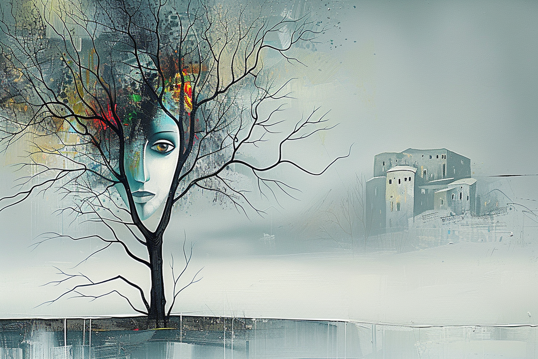 Surreale Landschaft mit einem Baum, dessen Stamm und Äste das Gesicht einer Frau formen. Im Hintergrund steht ein graues, nebliges Gebäudeensemble. Die Farben sind kühl und gedämpft, mit zarten Akzenten aus Gold und Rot im Laubbereich.
