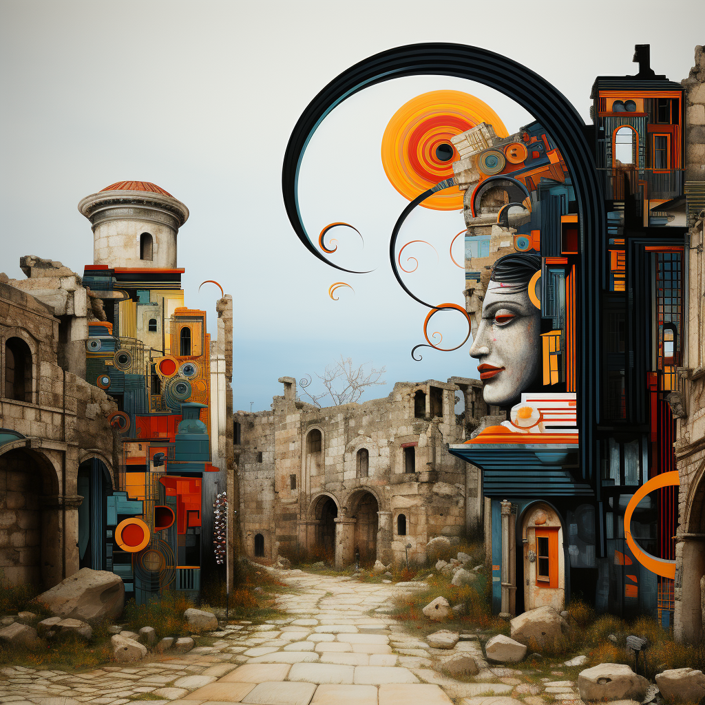 Futuristisches Porträt in einer antiken Ruinenstadt mit modernen architektonischen Elementen
