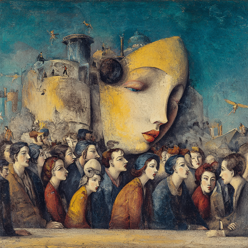 Eine riesige, ruhende Gesichtsmaske erhebt sich über einer Menge von Menschen – ein symbolisches Gemälde über Kollektiv, Identität und Träumen.
