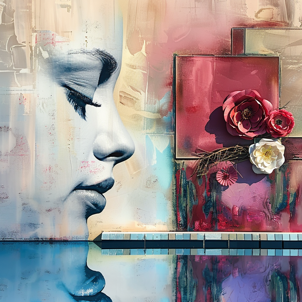 Künstlerisches Porträt eines weiblichen Gesichts in Seitenansicht, kombiniert mit abstrakten Farbflächen und dreidimensionalen Blüten in Rosa, Rot und Weiß, die aus der Wand hervortreten.
