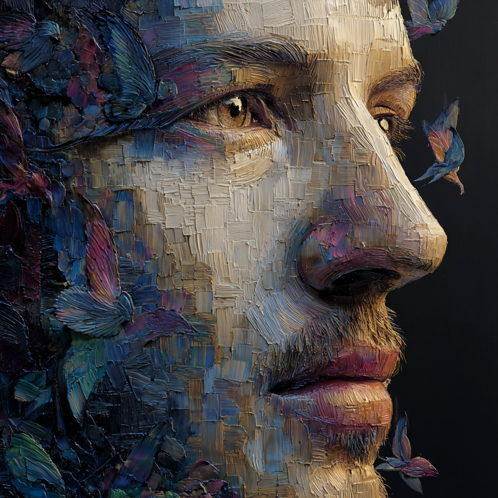 Ein männliches Gesicht, aus pastosen Pinselstrichen modelliert, wird von farbigen Schmetterlingen umgeben – Verbindung zwischen Mensch, Natur und Emotion.
