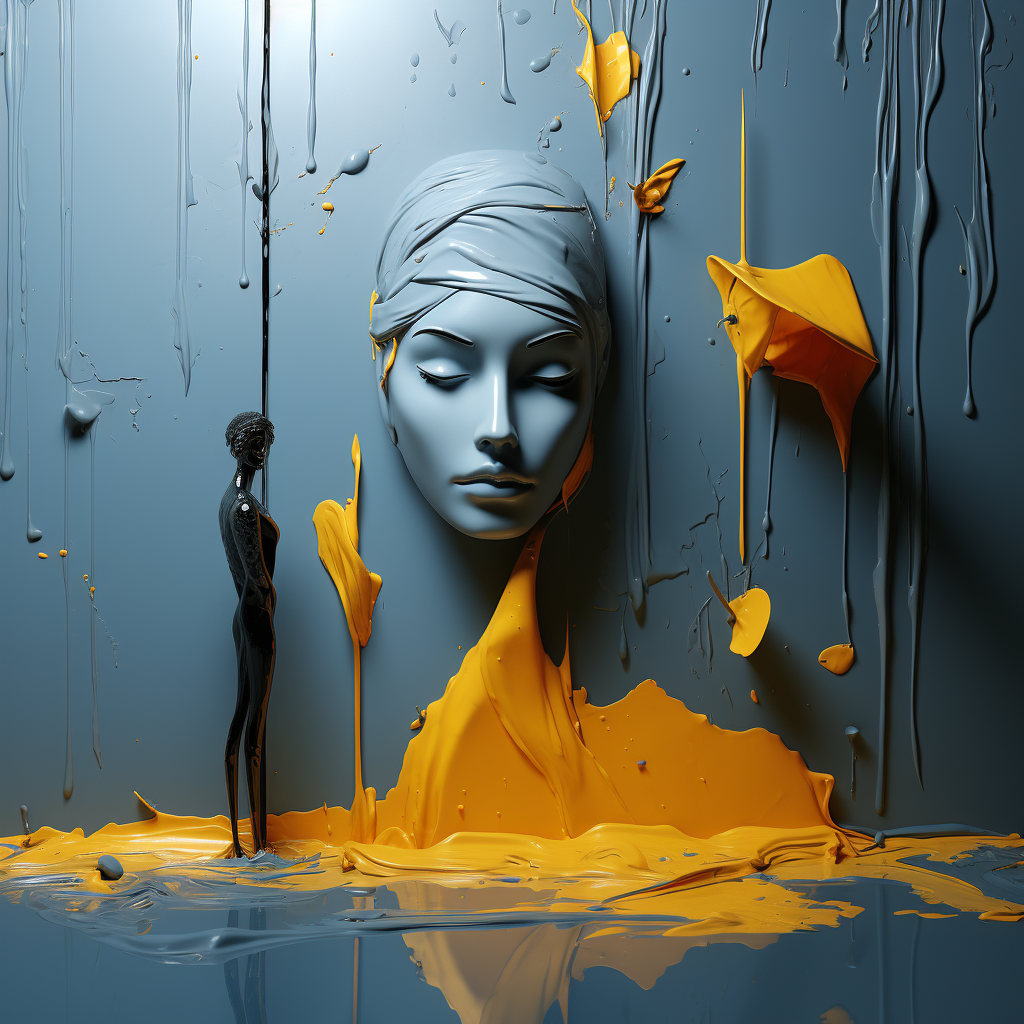 Surreales Porträt einer riesigen, blauen Frauenmaske mit geschlossenen Augen, umgeben von fließender gelber Farbe und einer schwarzen Figur – eine visuelle Metapher für Identität und Transformation.
