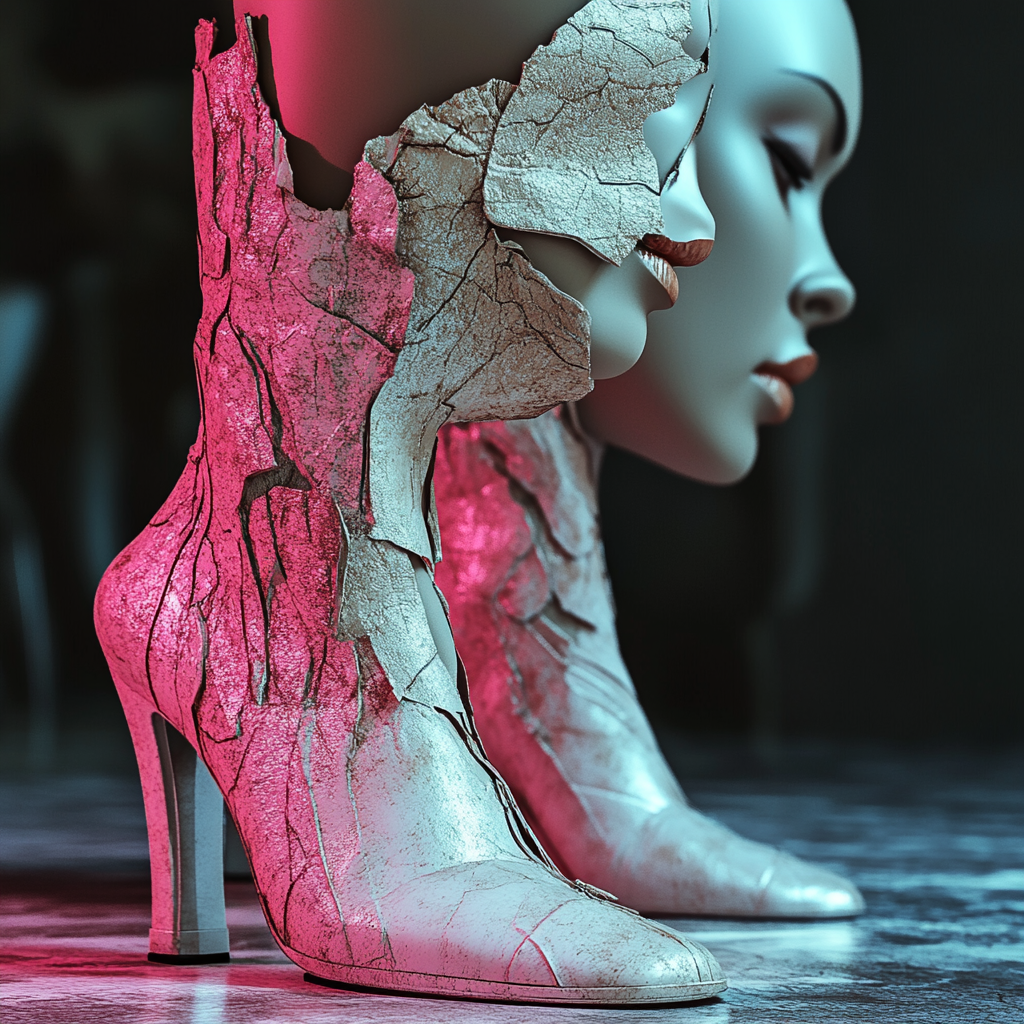 Surreale Skulptur von Stiefeln, die in zerbrochene Gesichter übergehen – Texturen aus Porzellan und Licht in Rosa- und Blautönen.
