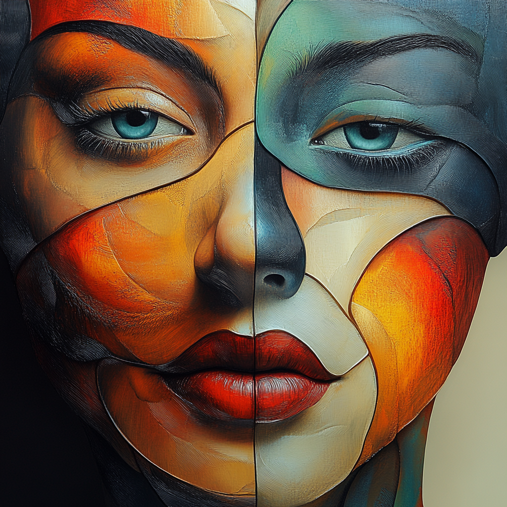 Ein abstraktes Porträt mit zwei Gesichtern in kontrastierenden Farben – ein Kunstwerk über Dualität, Identität und innere Balance.
