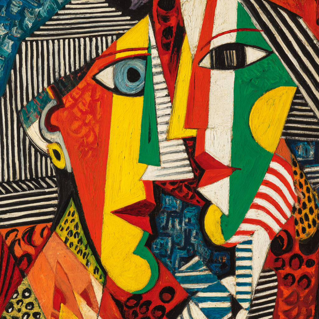 Abstrakte kubistische Malerei mit zwei Gesichtern in kräftigen Farben wie Rot, Gelb, Grün und Blau, inspiriert von moderner Kunst und geometrischen Formen.
