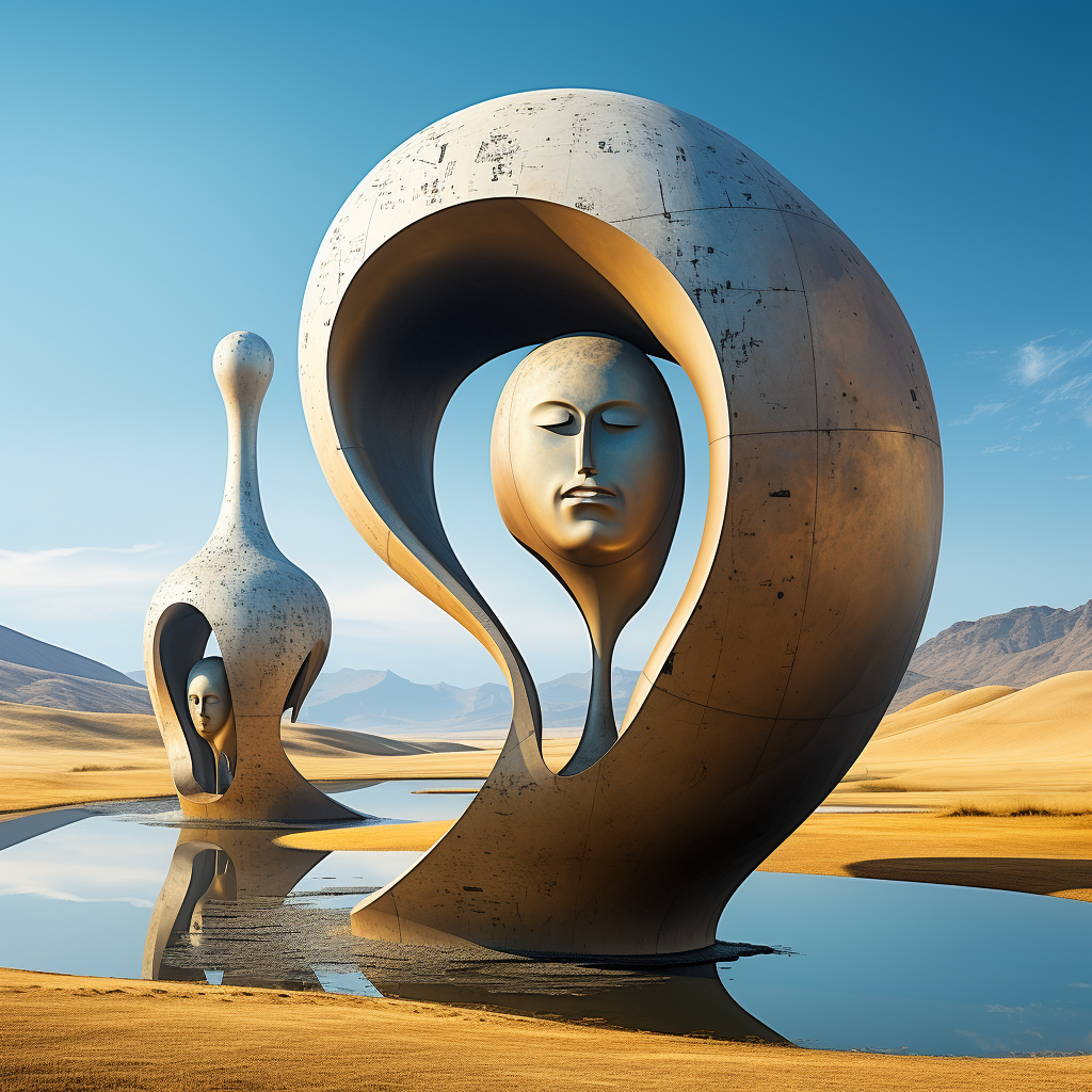 zwei surrealistische steinskulpturen mit menschlichen gesichtern in wüstenlandschaft am wasser
