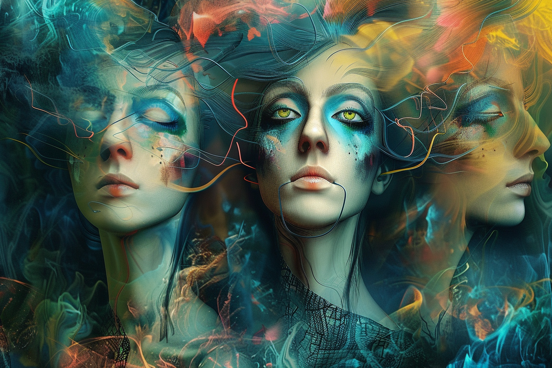 Drei ineinander übergehende weibliche Gesichter, umgeben von leuchtenden Rauch- und Lichtstrukturen in Blau-, Grün- und Orangetönen, vermitteln Transformation und emotionale Tiefe.
