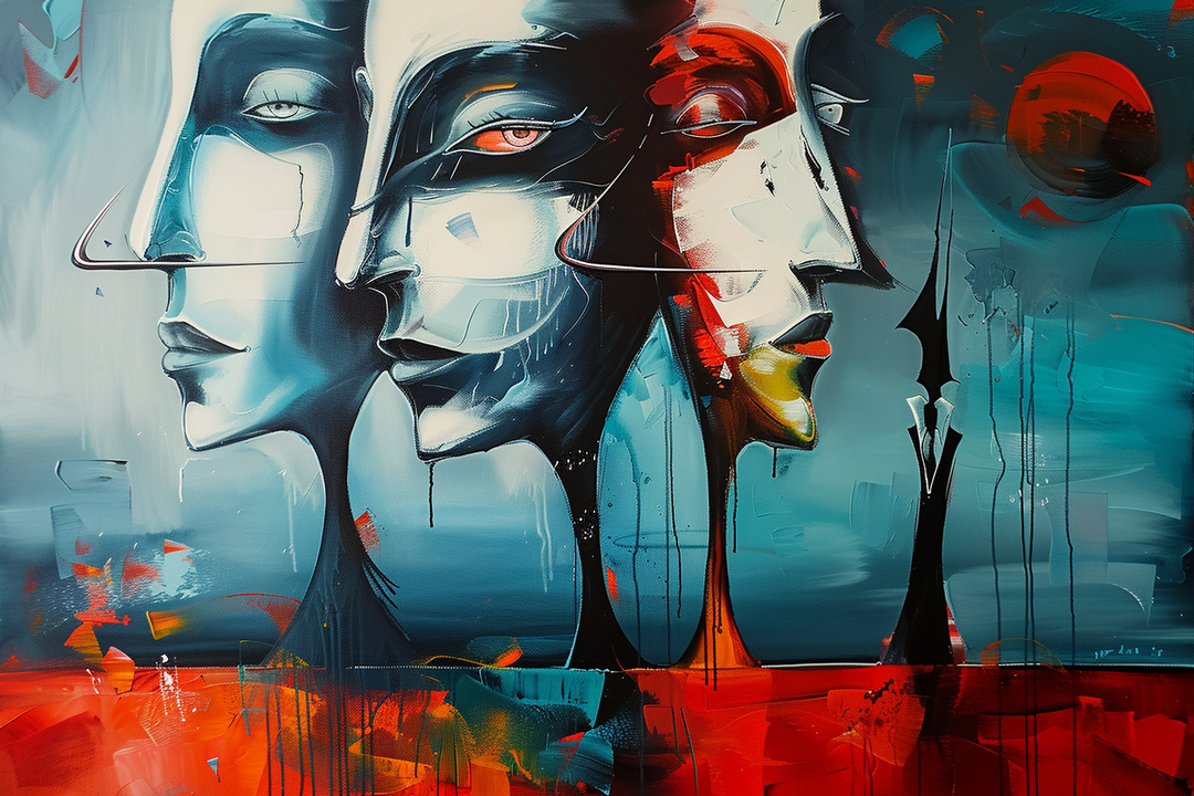 Abstrakte Darstellung mehrerer Gesichter in Blau-, Rot- und Goldtönen, die ineinander übergehen und eine surrealistische, emotionale Atmosphäre schaffen.
