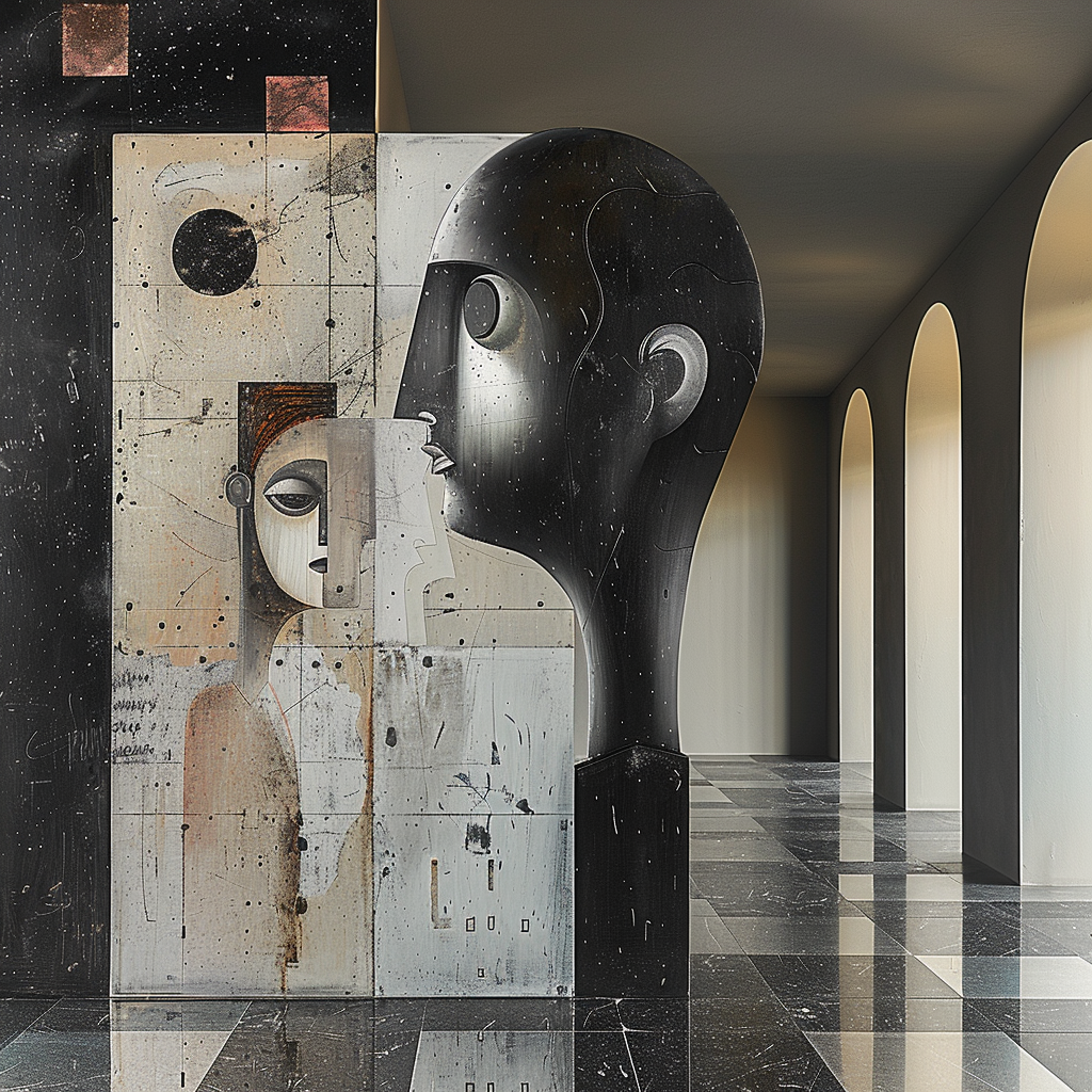 Abstrakte Skulptur mit übergroßen Köpfen und geometrischen Formen in einem hellen Raum mit Bögen. Symbolisch und modern.
