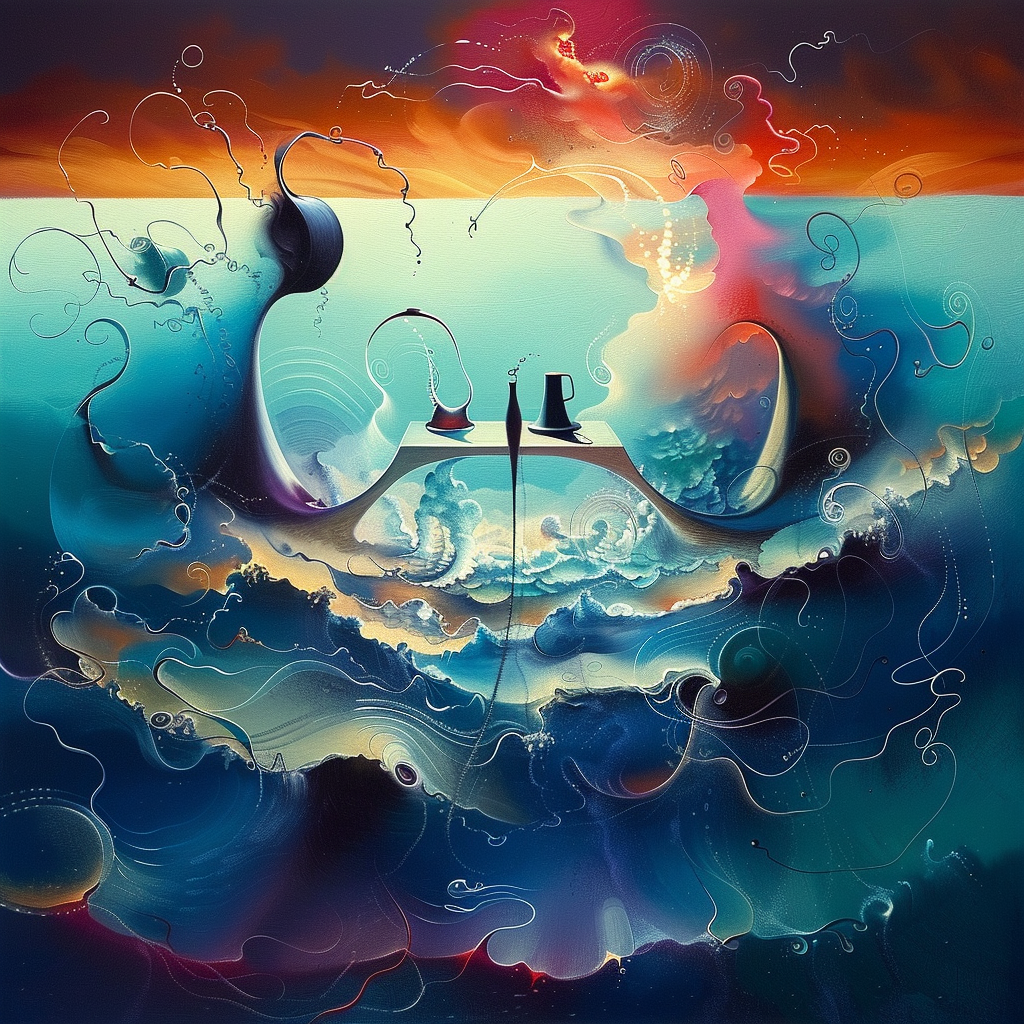 Surreales Gemälde zweier Figuren, die an einem schwebenden Tisch über einem Meer aus Wolken und Wellen sitzen – mit leuchtenden Farben und fließenden Formen.
