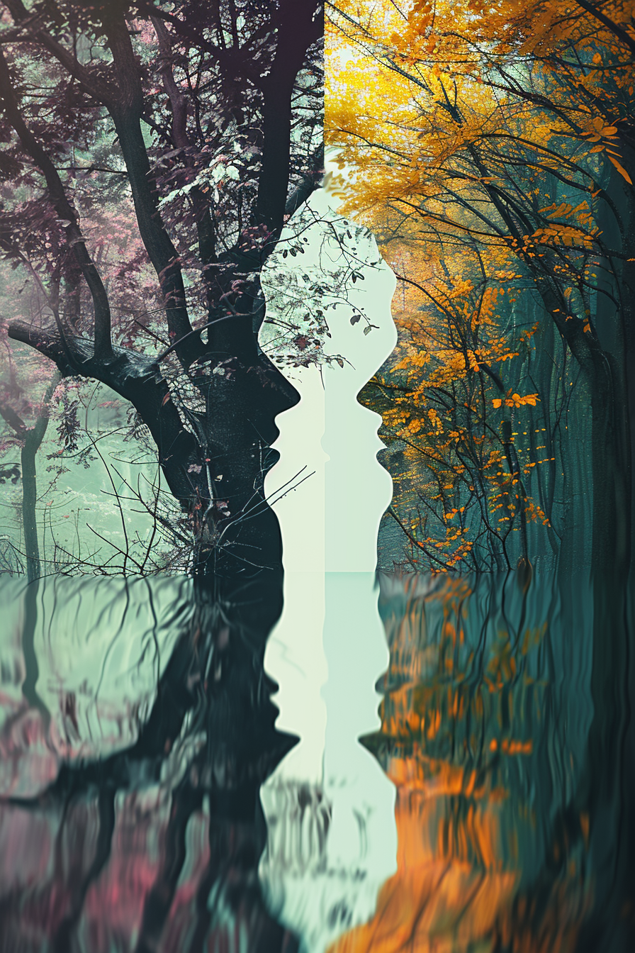 Surreale Doppelbelichtung zweier Waldbereiche: links in dunklen, violetten Tönen, rechts in goldenen Herbstfarben. In der Mitte entsteht aus Licht und Schatten das Profil zweier Gesichter, die einander gegenüberstehen.
