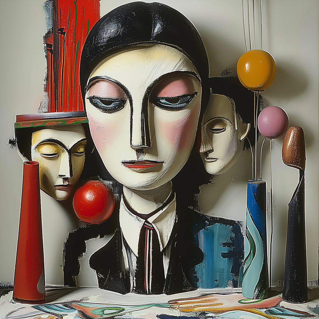 Abstrakte Skulpturköpfe in expressionistischem Stil mit intensiven Farben und geometrischen Formen
