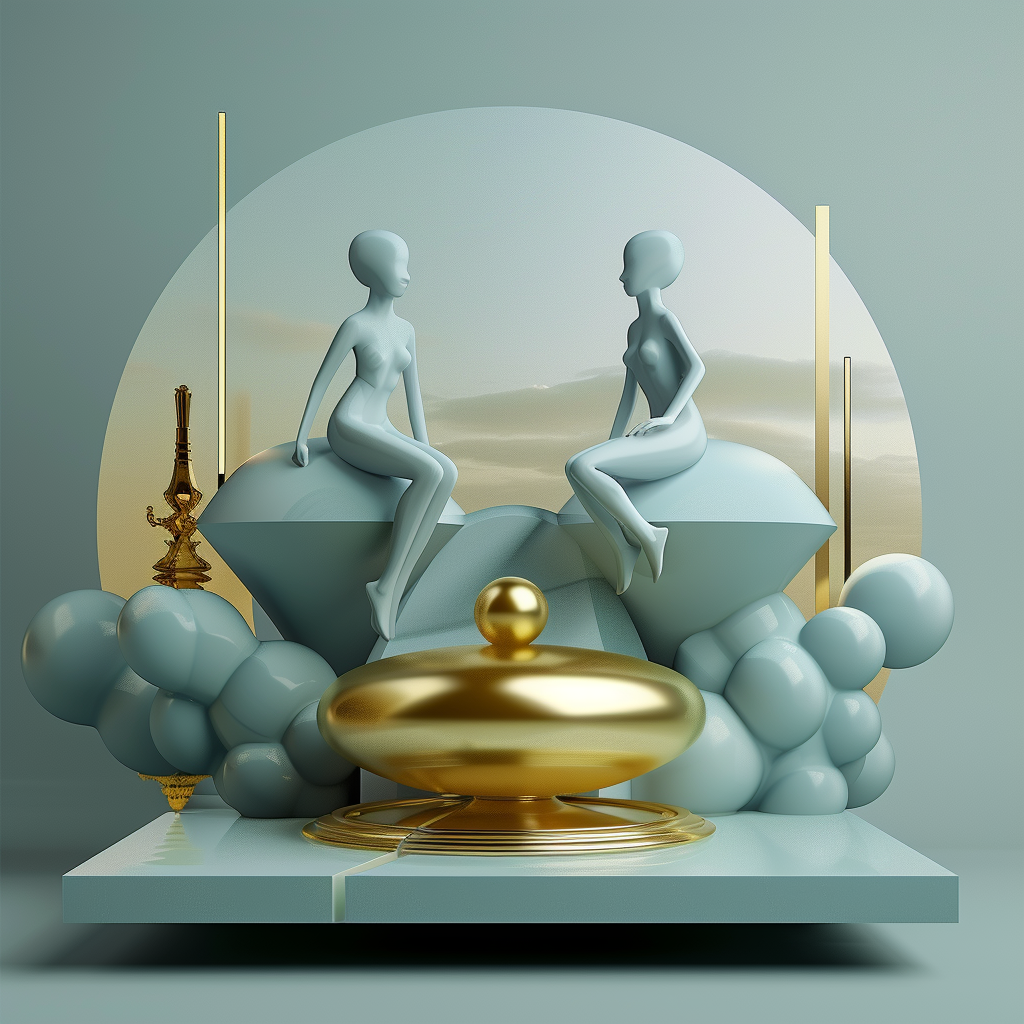 Zwei abstrahierte Figuren sitzen einander gegenüber in einer harmonischen Komposition aus Gold, Blau und geometrischen Formen.
