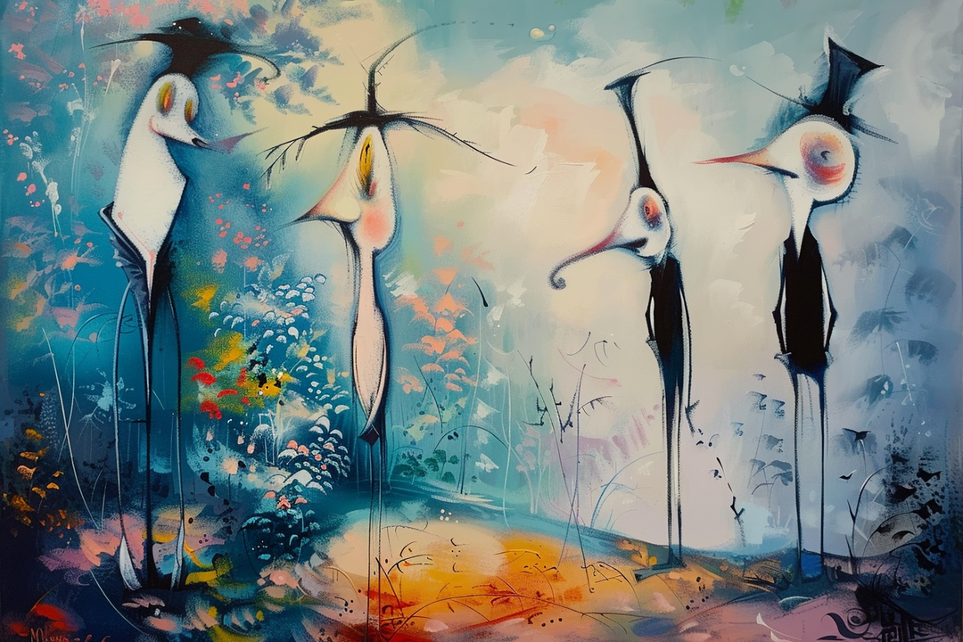 Vier abstrakte vogelähnliche Figuren mit langen Hälsen und Hüten stehen in einer farbenreichen, surrealen Landschaft und scheinen miteinander zu kommunizieren.
