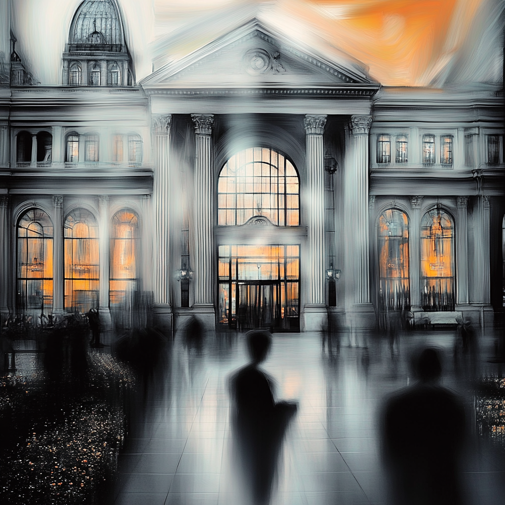 neoklassisches gebaeude mit lichtspiel und schemenhaften figuren im foyer
