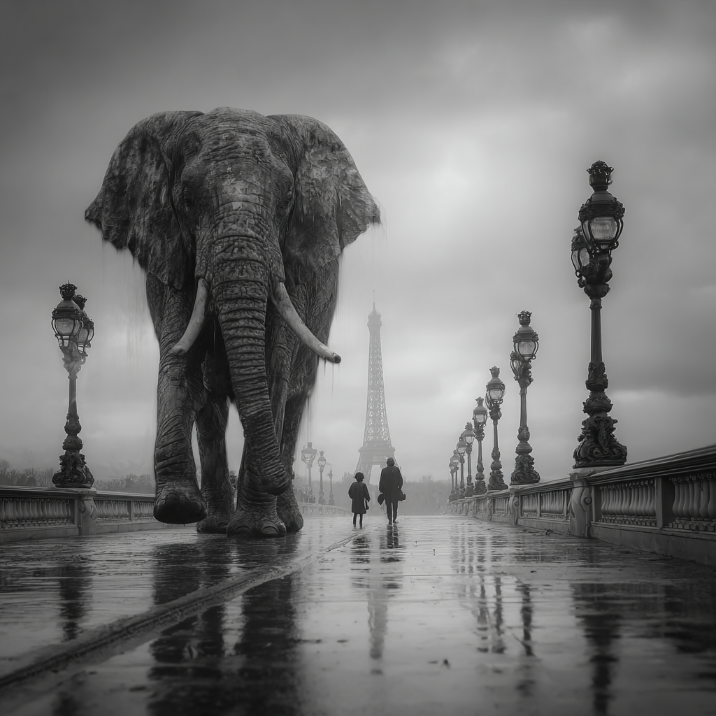 Überdimensionierter Elefant auf einer nebligen Pariser Brücke mit reflektierendem Boden und Eiffelturm im Hintergrund, in Schwarz-Weiß.
