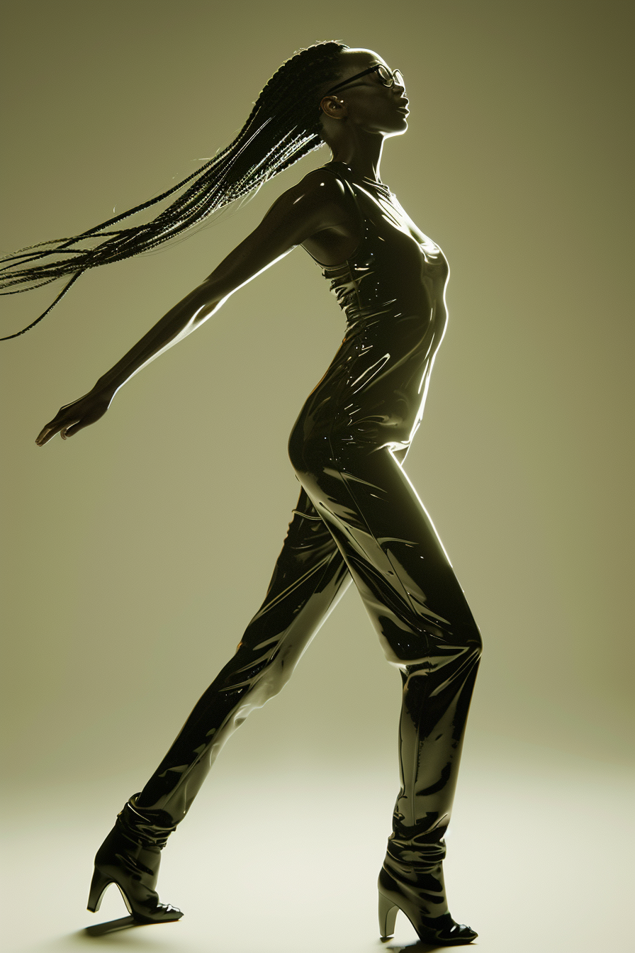 Elegante Frau in einem glänzenden schwarzen Outfit mit langen Zöpfen in Bewegung, in weichem goldenem Licht inszeniert.

