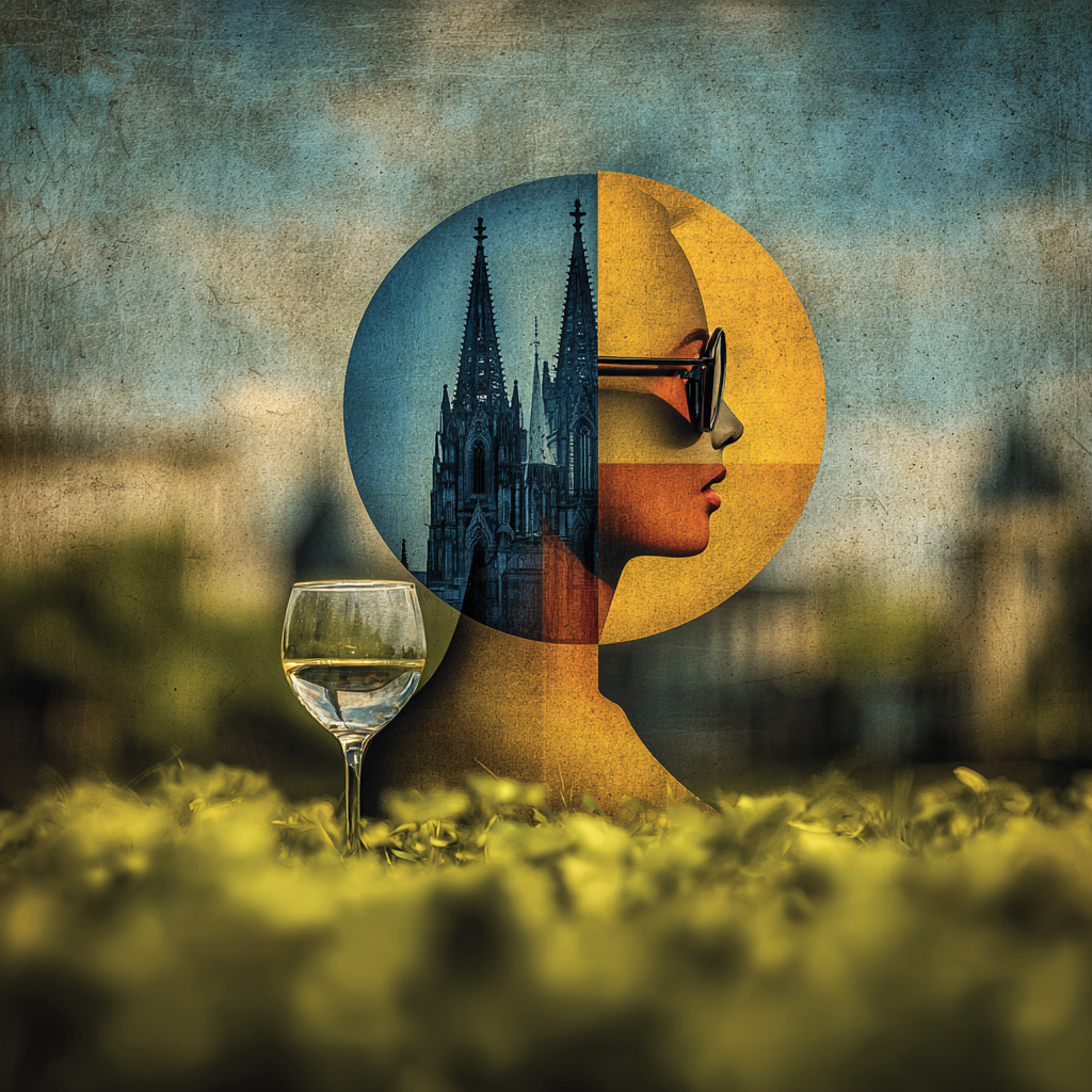 Abstrakte Komposition mit einer stilisierten Frau im Profil, geometrischen Farbflächen, einer Kathedrale im Hintergrund und einem Glas Weißwein im Vordergrund.
