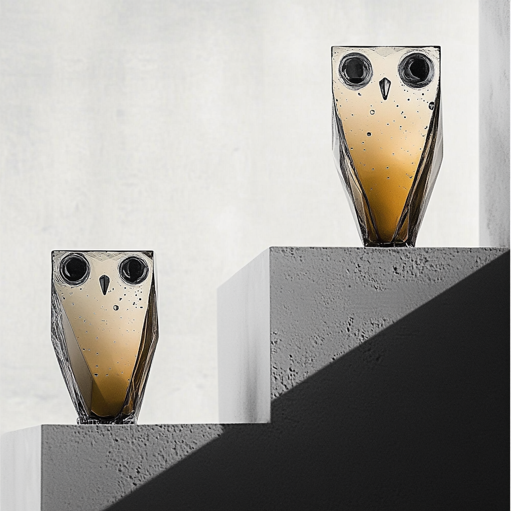 Zwei geometrische Glasobjekte in Eulenform auf grauen Betonstufen – minimalistisches Designkunstwerk mit klarem Lichtspiel.
