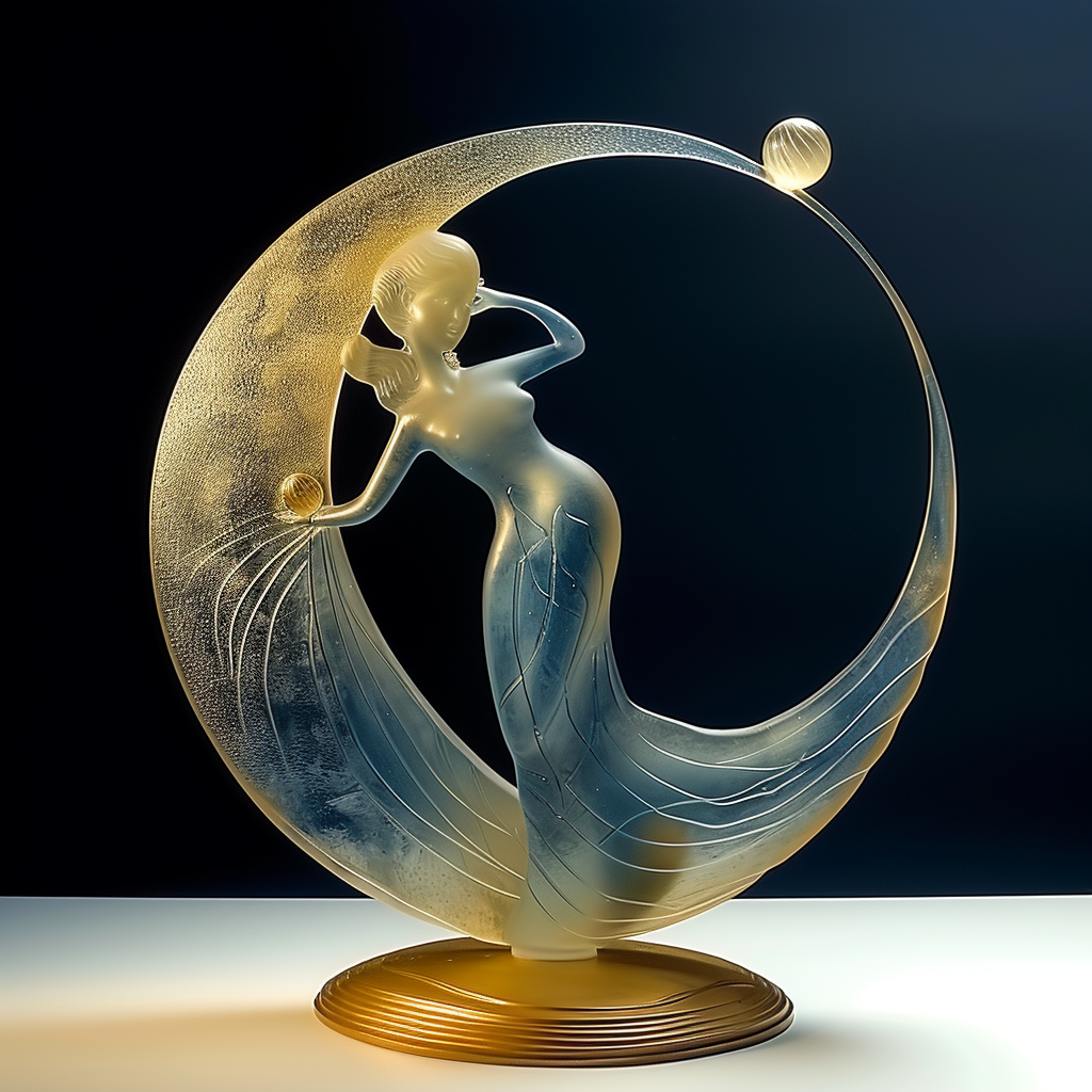 Elegante Glasfigur einer Frau auf einer goldenen Mondsichel, die in sanftem Licht schimmert – digitale Kunst mit futuristischer Eleganz.
