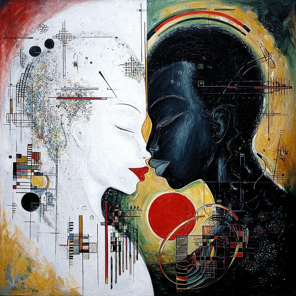 Abstraktes Porträt zweier Gesichter – eines hell, eines dunkel – die sich in zarter Berührung begegnen. Linien, geometrische Strukturen und farbige Akzente verbinden beide Hälften in harmonischer Balance.
